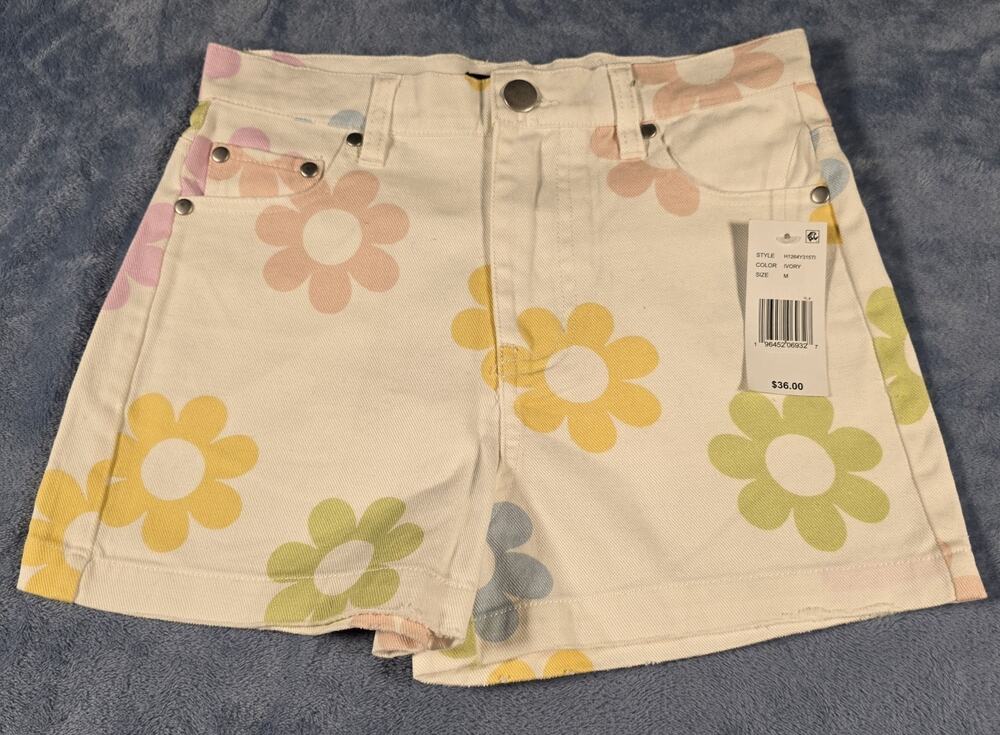 Originality Girls M (8-10) Ivory Daisy Flower Denim Shorts NWT Retro Floral